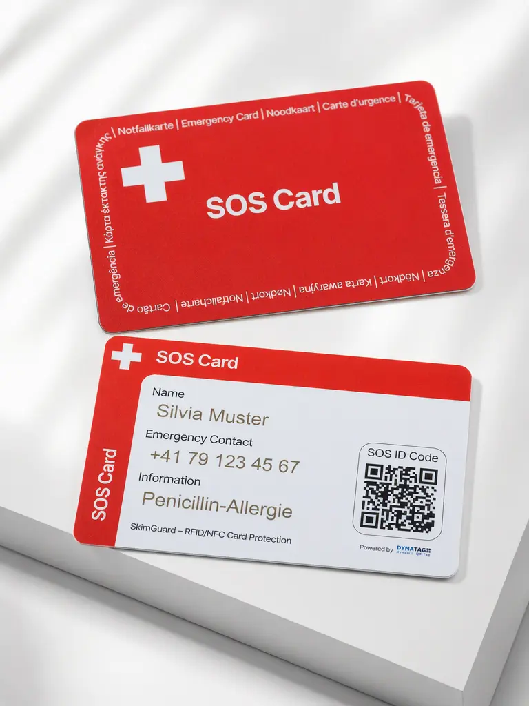 Carte d’urgence SOS avec code QR et protection RFID SkimGuard au format carte de crédit